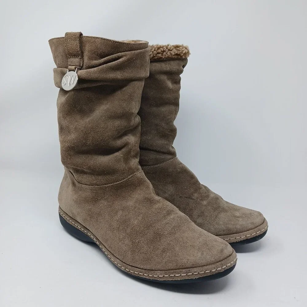 Stuart Weitzman Tan Suede Boots Faux Fur Lining Slouchy Size 8